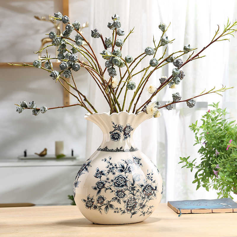 Vases Happy eyebrow ceramic vase blue and white porcelain vase room decoration living arrangement flower porcelain American ornaments P230503-image-862899164