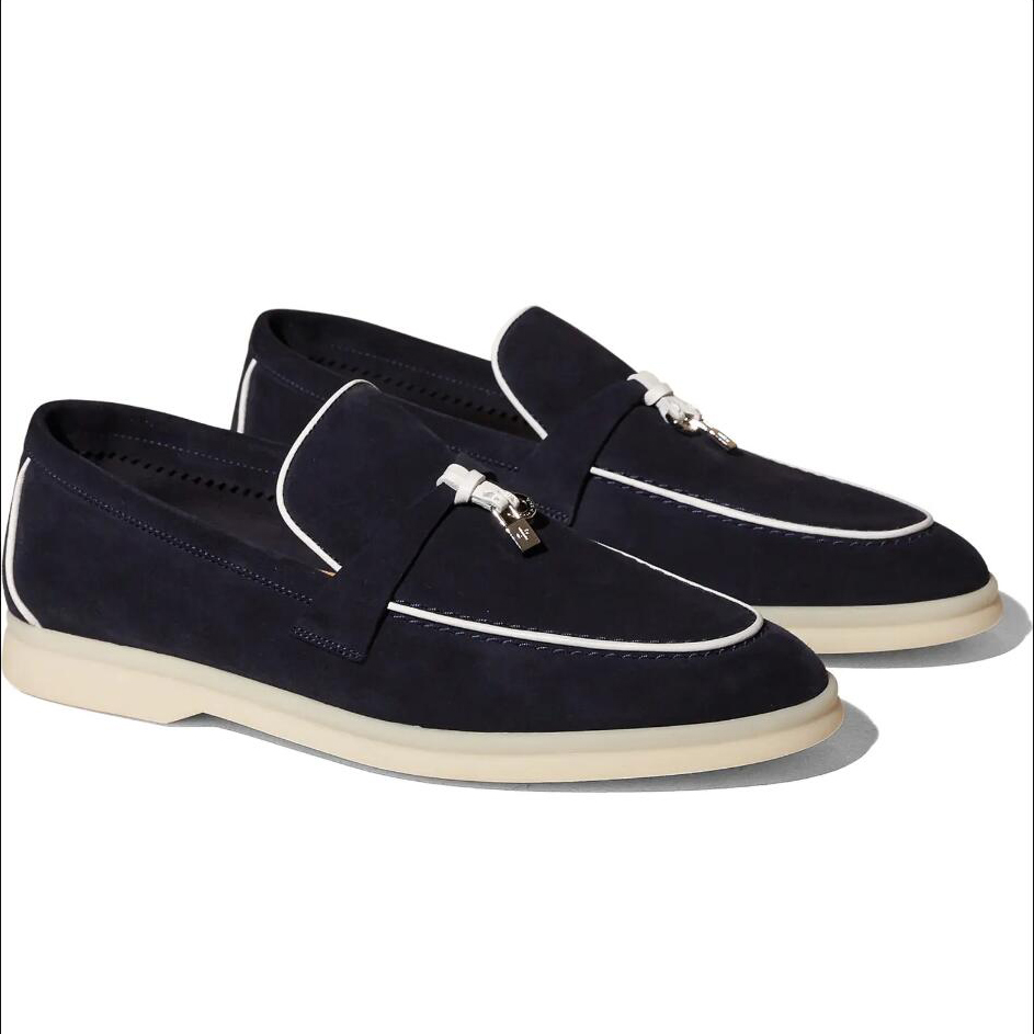 

Bordered womens Dress shoes Cashmere Leather Flat Heel loafers High quality beef tendon bottom casual women Round head classic Buckle Shoe with box 35-42, Navy