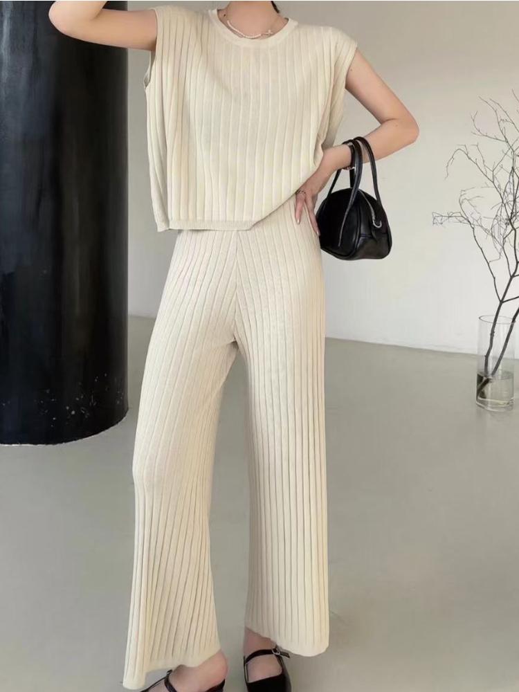

Pants Summer Casual Draped Two Piece Set Women Knitted Loose Holiday Elegant Pant Suit Korean Fashion Crop Top + Wide Leg Pants 2022, Black