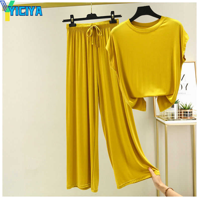 

YICIYA Women's Tracksuits 2023 Summer Fashion Women Suit Female Modal Round Neck Batwing Sleeve Two-piece Set Wide Leg Pants Casual Clothing Outfits, Mochalv