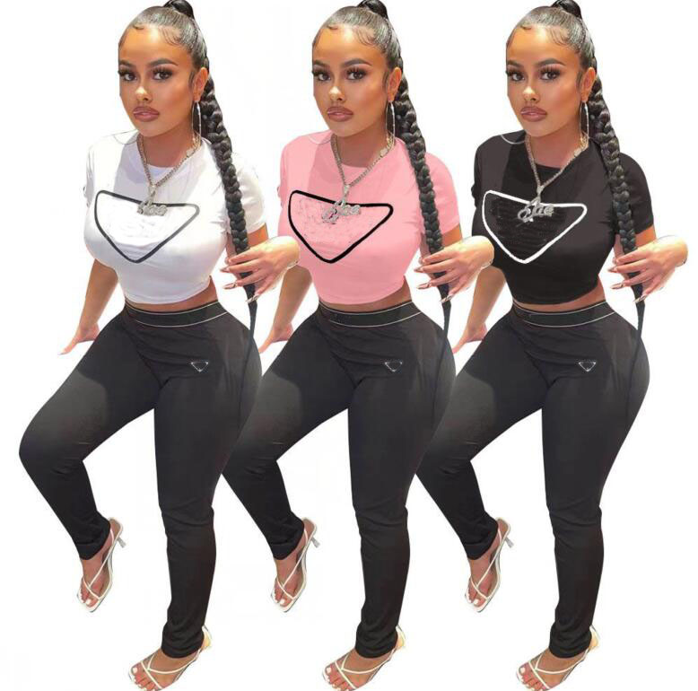 black white pink Womens Designer Tracksuits Sexy Club Party triangular pattern 2 Piece Pant Matching Set Women crew neck T Shirt Tops Leggings Skinn