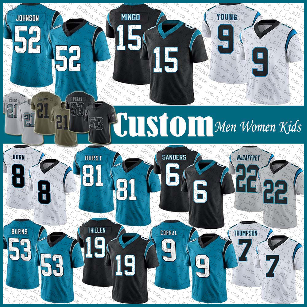 

Custom 9 Bryce Young Jonathan Mingo Football Jersey DJ Johnson Miles Sanders Hayden Hurst Adam Thielen Jeremy Chinn Brian Burns Jaycee Horn Shaq Thompson Ikem Ekwonu, Shown