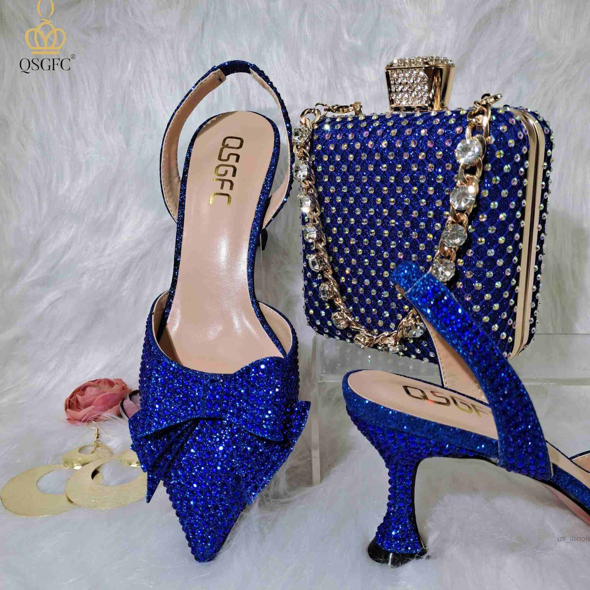 

Dress Shoes QSGFC 2022 Italian Fashion Design R.Blue Glass Heel Pointed Ladies Shoes And Decorate With Crystals Dual-use Bags Wedding Party, Only shoes green