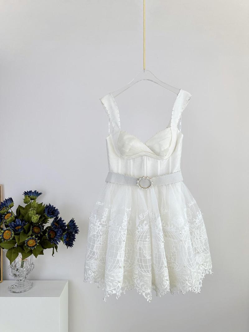 

Casual Dresses Embroidered Mini Dress Decorated With Beaded Applique Details Tulle Mesh Hemline, White