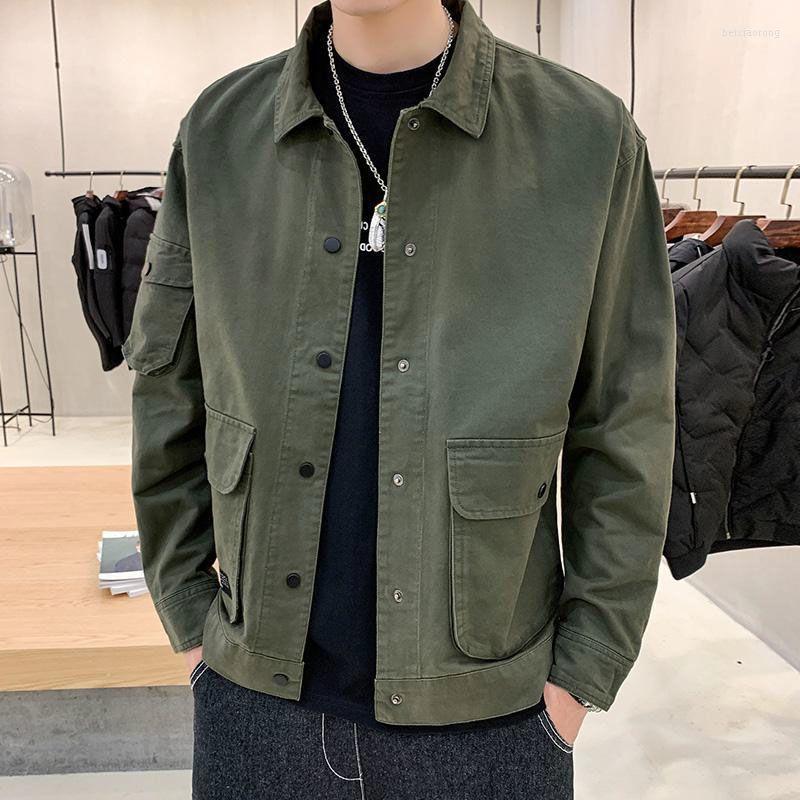 

Men's Jackets Large Size Men Basic Soft Letter Pockets Autumn Wind Breaker Turn-down Collar Teenagers S-4XL Cargo Outwear Hombre Chic, Green