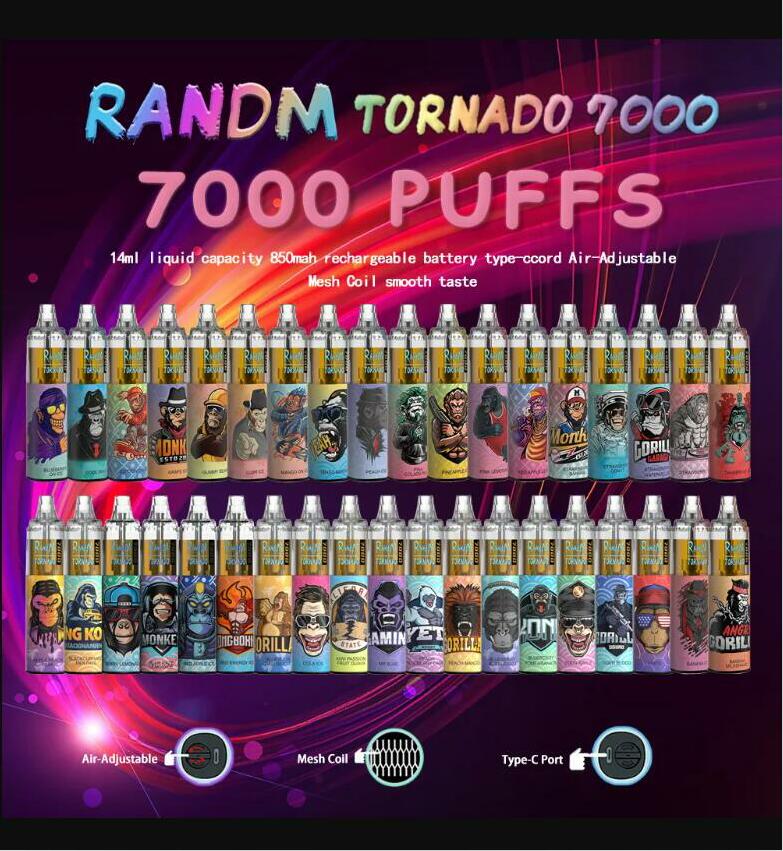 

100% Authentic RandM Tornado 7000 Puffs Disposable E cigarettes Pod Device 14ml Prefilled Mesh Coil RGB light Vape Pen Kit pk Aroma King