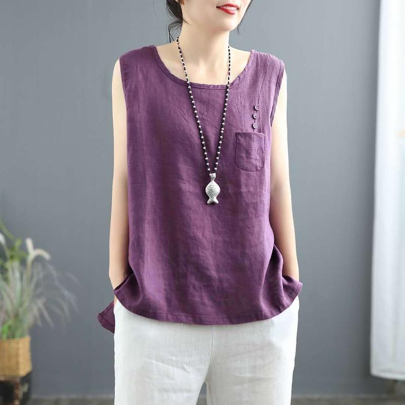 

Tanks Cotton Linen Tank Top Women Clothing Summer Casual Vintage Lady Big Size Tunic Tops Casual Sleeveless Tshirts Solid Blouses, Purple