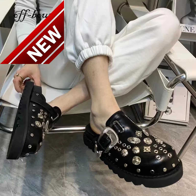 

Slippers Summer Women Shoes Punk Metal Rivet Charms Black PU Mules Slip On Outdoor Platform Modern Casual For Female 221203, Half metal
