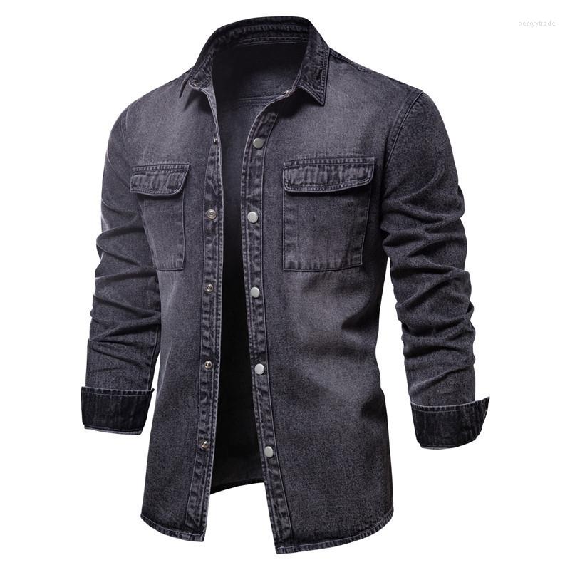 

Men's T Shirts Cotton Denim Men Casual Solid Color Thick Long Sleeve Shirt For Spring High Quality Jeans Male, Black