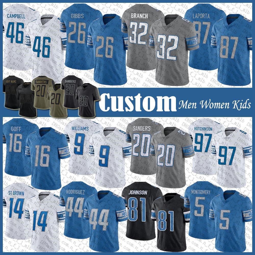 

Custom 97 Aidan Hutchinson Jahmyr Gibbs Football Jersey Amon Ra St Brown Jack Campbell Sam LaPorta Brian Branch Hendon Hooker Brodric Martin Jameson Williams 16 Goff, Shown