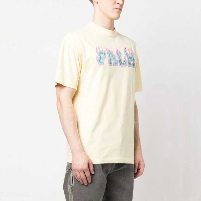 

Designer Fashion Clothing PA Tees TShirts Flame Letter Printing Round Neck Cotton Short Sleeve T-shirt Palmes Angels Men's Women's Loose Half Sleeve For sale, Apricot
