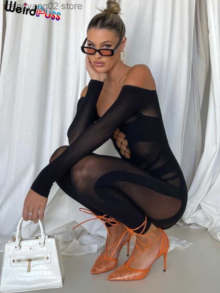 Women's Jumpsuits Rompers Weird Puss See Through Jumpsuit Women Hollow Sexy One Shoulder Fitness Activity Skinny Stretch Solid Overalls Work-image-863193301