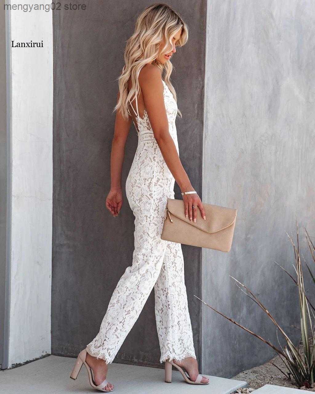 Women's Jumpsuits Rompers Elegant Jumpsuit White V Neck Lace Sling Backless Slim Waist Women Jumpsuits Sleeveless Wide Leg Pant Solid Elegan-image-863317449