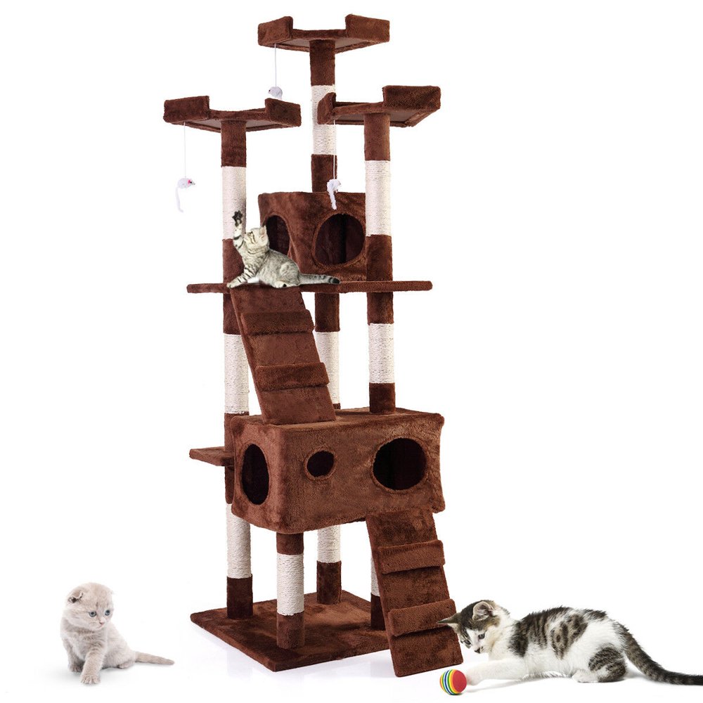 

67 H Multi-level Tree Tower, Kitten Condo House with Scratching Posts, Brown