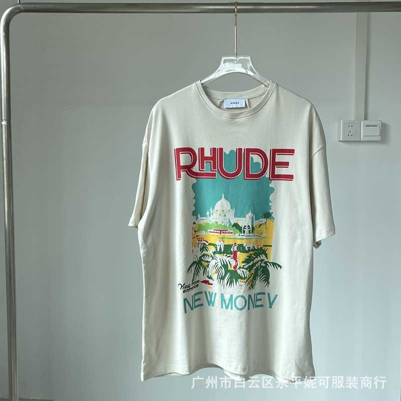 

Designer Rhude T shirt for sale RHUDE NEW MONEY Palace Landscape Print High Street Small Fresh Summer Loose Couple Short Sleeve T shirt for Men, Apricot