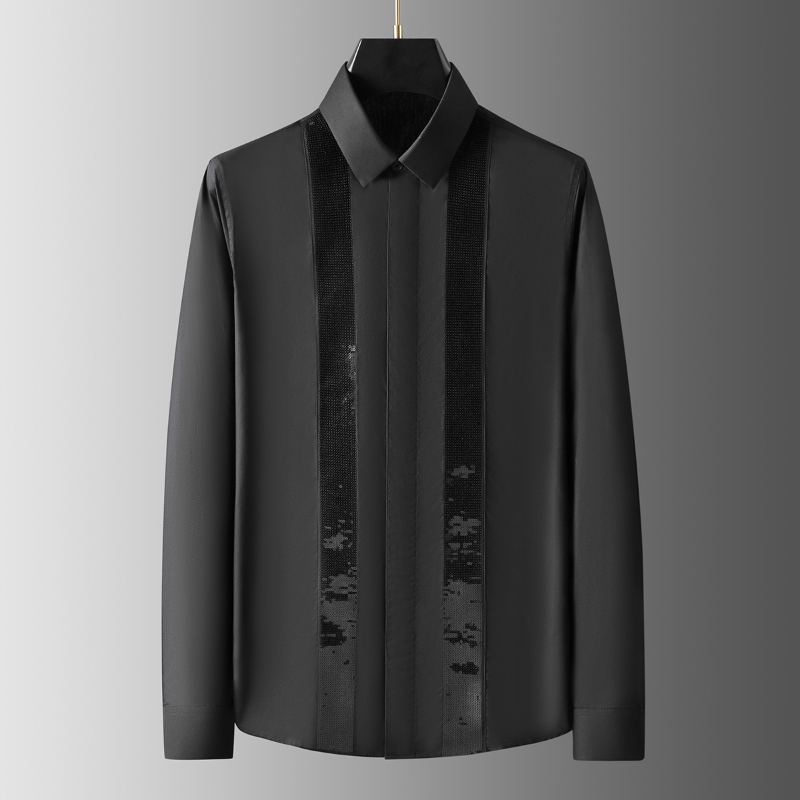 

Bead Embroidery Men's Shirts Luxury Long Sleeve Four Seasons Cotton Nightclub Party Slim Fit Man Dress Shirts 3XL, Black
