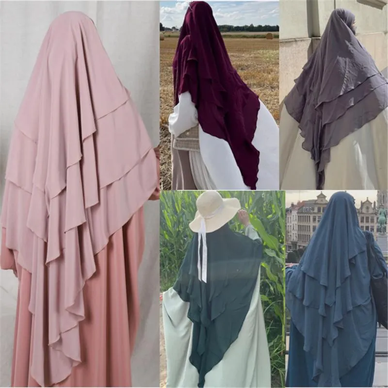 

Ethnic Clothing Eid Prayer Garment Long Khimar Islam Women Pure Color Three-Layer Turban Tops Abaya Jilbab Abayas Muslim Arab Niqab Hijabs