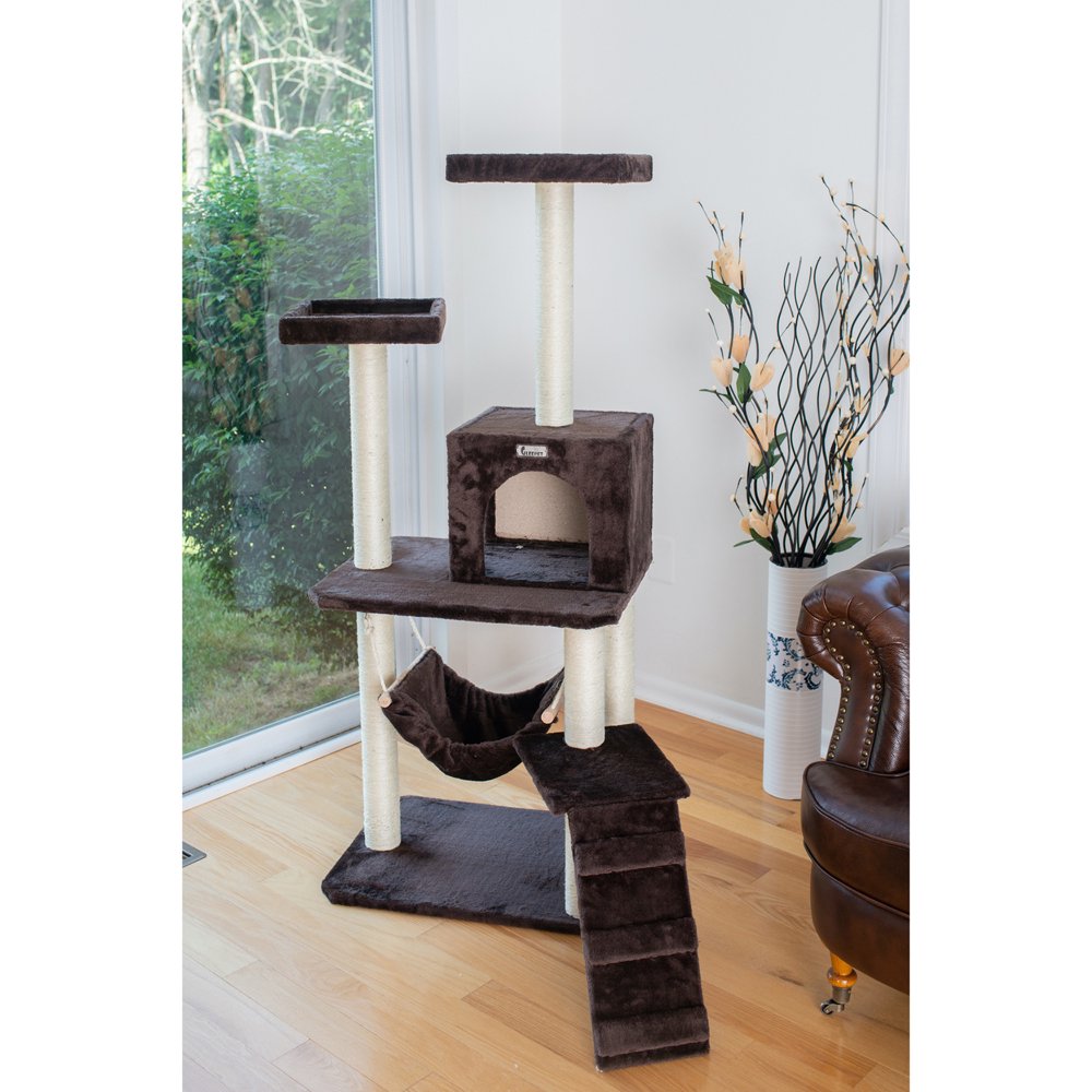 

57-in real wood Tree Condo Scratching Post Tower, Coffee Brown