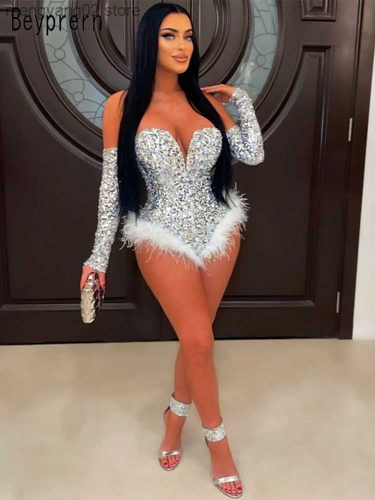 

Women's Jumpsuits Rompers Glitter Rough Diamond Sequin Bodysuit Women Rompers Chic Sexy Off Shoulder Feather Sequins Jumpsuits Birthday Outfits T230504, Silver