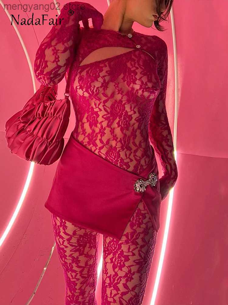 Women's Jumpsuits Rompers Nadafair Lace Sexy Long Sleeve Jumpsuits Women Hollow Out See Through O Neck Chic Y2K Bodycon Blue Playsuit Jumpsu-image-863194180