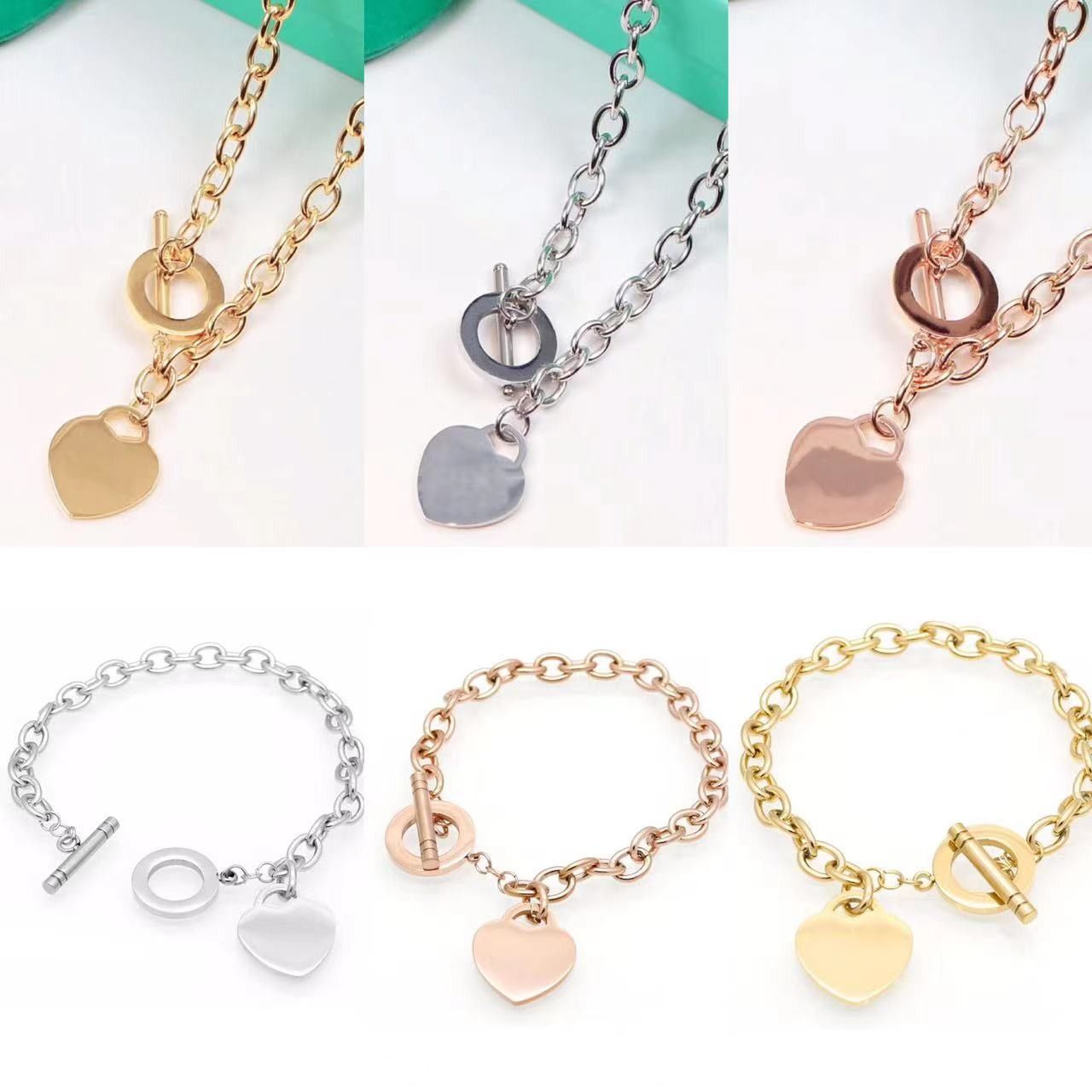 

High end Designer Womens Necklace Bracelet Deluxe Heart Set 18K Gold Girl Christmas Love Gift 316L Stainless Steel Jewelry Small paper box for package