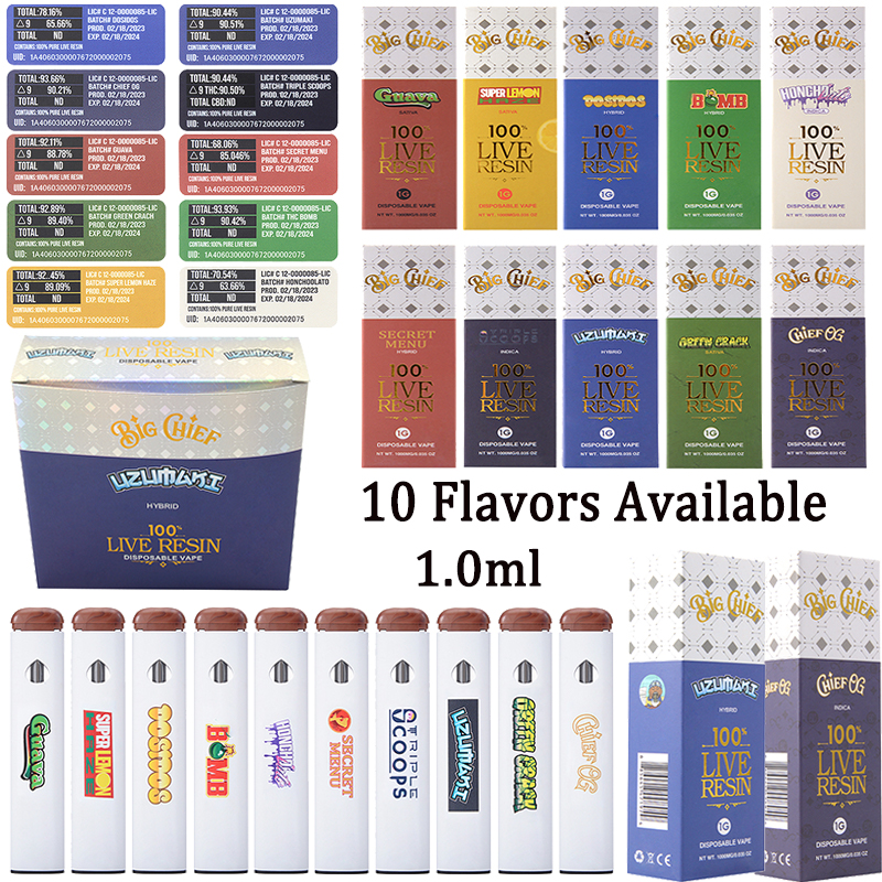 

10 Flavors E Cigarettes Big Chief Live Resin Disposable Vape Pens 1.0ml Empty Device 280mah Rechargeable Disposables Vaporizer Pen