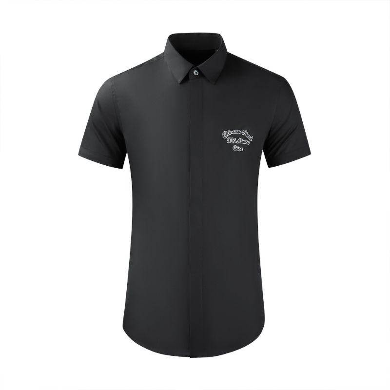 

Summer Cotton Men's Shirts Luxury Short Sleeve Letter Embroidery Solid Color Male Dress Shirts Business Casual Man Shirts, Black