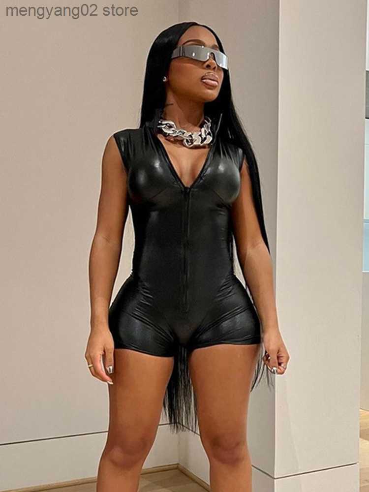 Women's Jumpsuits Rompers Sisterlinda Shiny PU Leather Fitness Rompers Women Sleeveless Deep V-Neck Zip Body-Shaping One Piece Playsuits Wor-image-863188509