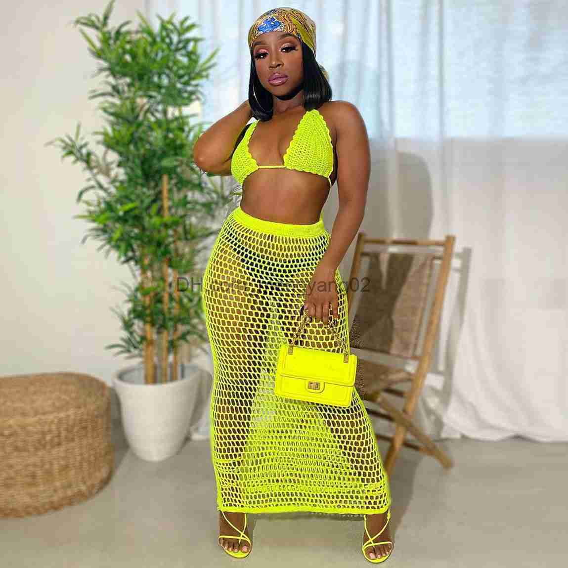 

Two Piece Dress Summer New Handmade Knitted Hollow Out Beach Cover Sexy Mesh Perspective Set T230504, Rose z068