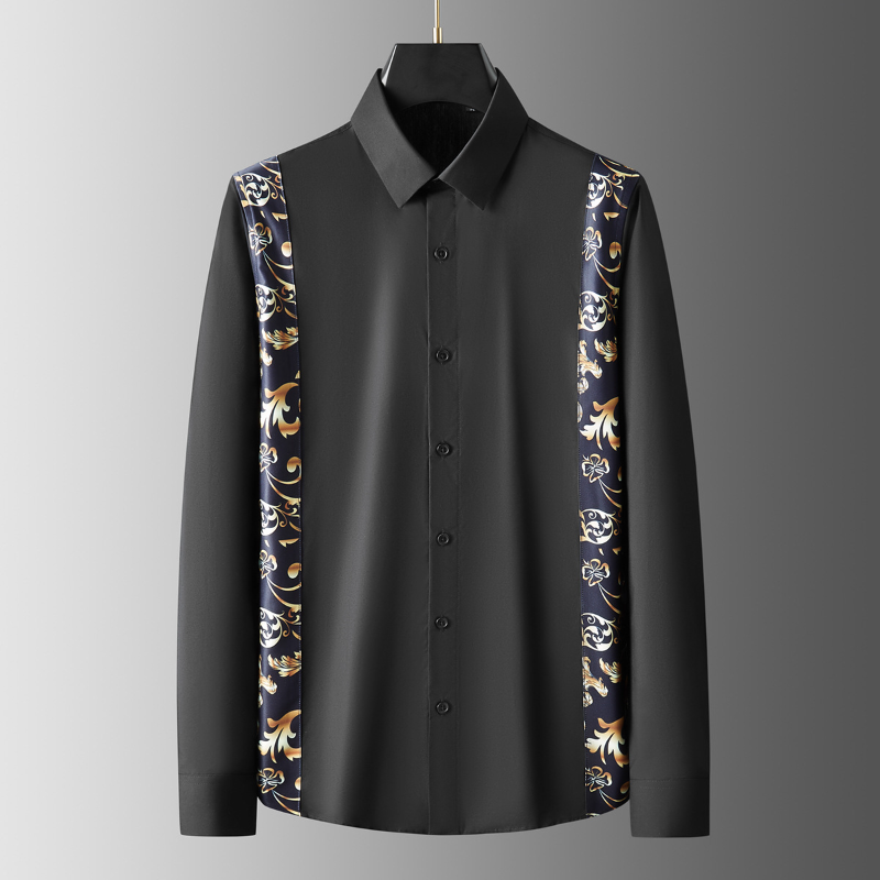 

Royal Floral Prined Men's Shirts Luxury Long Sleeve Splicing Four Seasons Nightclub Party Slim Fit Man Dress Shirts 3XL, Black