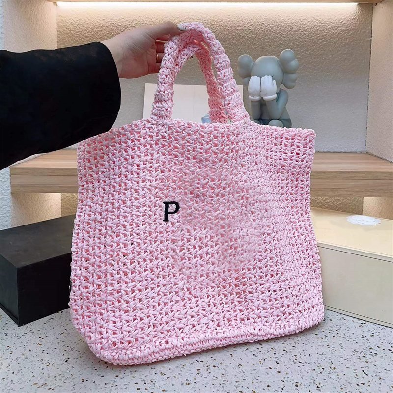 

2023 Straw Totes Beach Bags woman designer bag handbag crochet shoulder tote bag luxurys handbags purses Summer Embroidered Letter Triangle 5A Quality, Pink(pda l0g0)