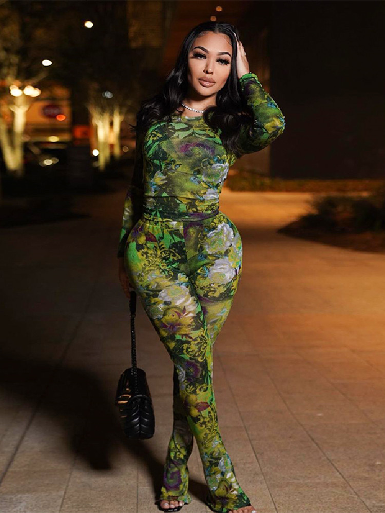 

Women s T Shirt Kliou Mesh Flower Print Two Piece Set Women Stunning Fashion Full Sleeve O neck Tees High Waist Flare Pants Female Street Outfit 230504, Shorts green