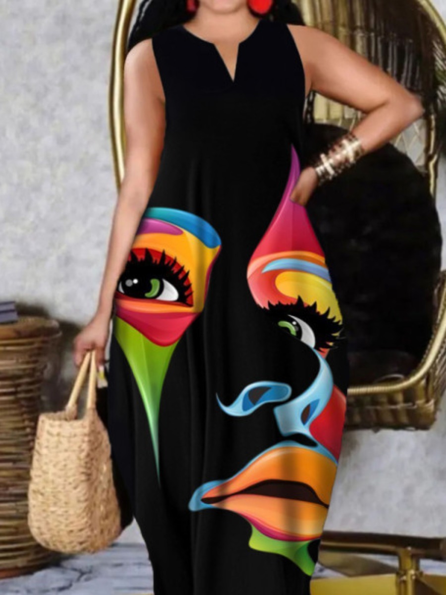 

Plus size Dresses LW Size Dress Figure Print Cami Loose V Neck Straight Tank Floor Length A Line Stretch Daily Summer Women Clothings 230503, Blue