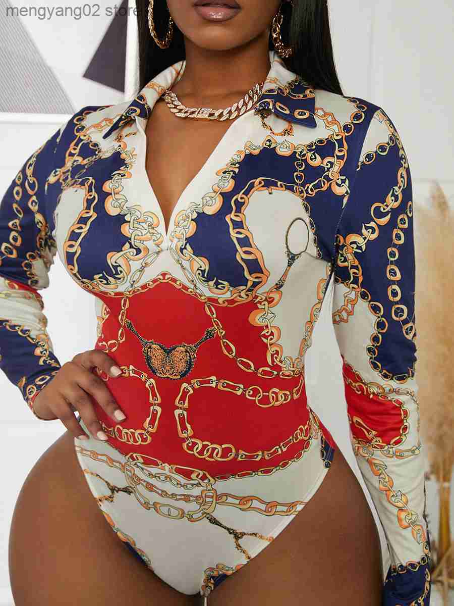 Women's Jumpsuits Rompers LW Sexy One Piece Chain Print Skinny Bodysuit Lapel Long Sleeve Sheath Body-shaping Shirt Collar Summer 1pc T23050-image-863041427