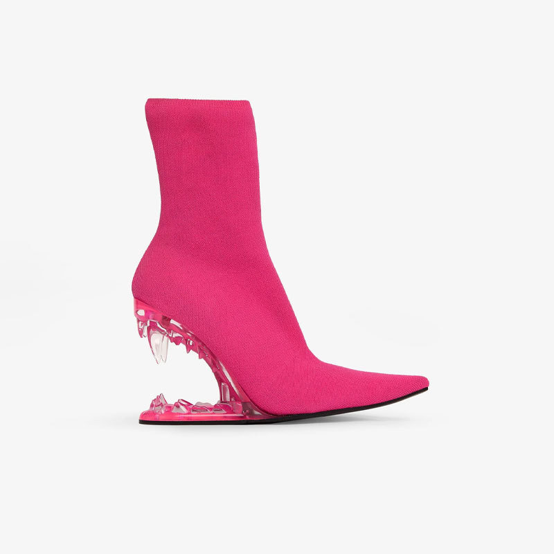 

Europe and The United States New Metal High Heels Hollowed Out Tusks Giant Teeth Tiger Teeth Shaped Heel Knitted Elastic Short Boots Socks Women's Boots, Aspic