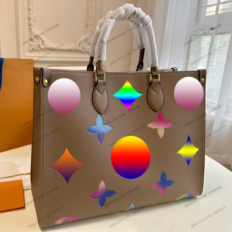 

23ss Retro Onthego Womens Totes Shopping Bags Handbag Luxurys Designers Shouder Crossbody Bag Genuine Leather Travel Handbags Colorful embossing GM 41cm, Black