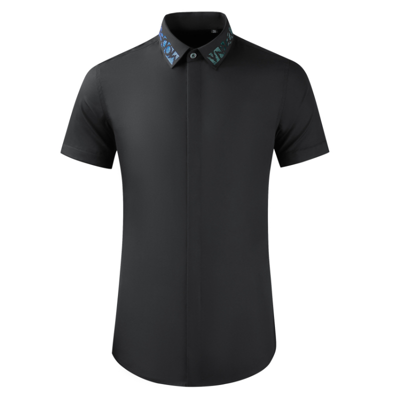 

Summer Men's Shirts Luxury Diamond Collar Short Sleeve Solid Color Party Male Dress Shirts Slim Fit Casual Man Shirts 4XL, Black