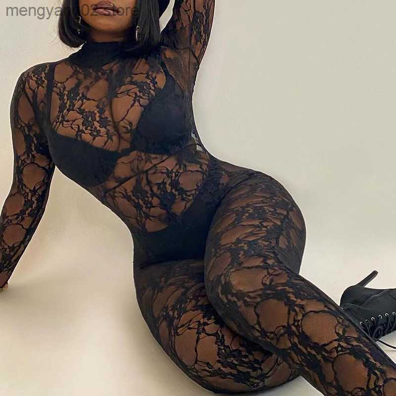Women's Jumpsuits Rompers Sexy See Through Lace Jumpsuits 2022 New Long Sleeve Black Women One-piece Romper for Party Night Club Bodycon Out-image-863314411