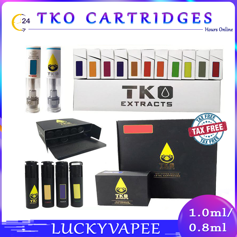 

TKO Sauce Vape Cartridges Atomizers E Cigarettes Vapes Pen 0.8 1.0ml Ceramic Coil Thick Oil Cart Atomizer White Black Box Packaging 510 Thread Dab Wax Vaporizer Empty