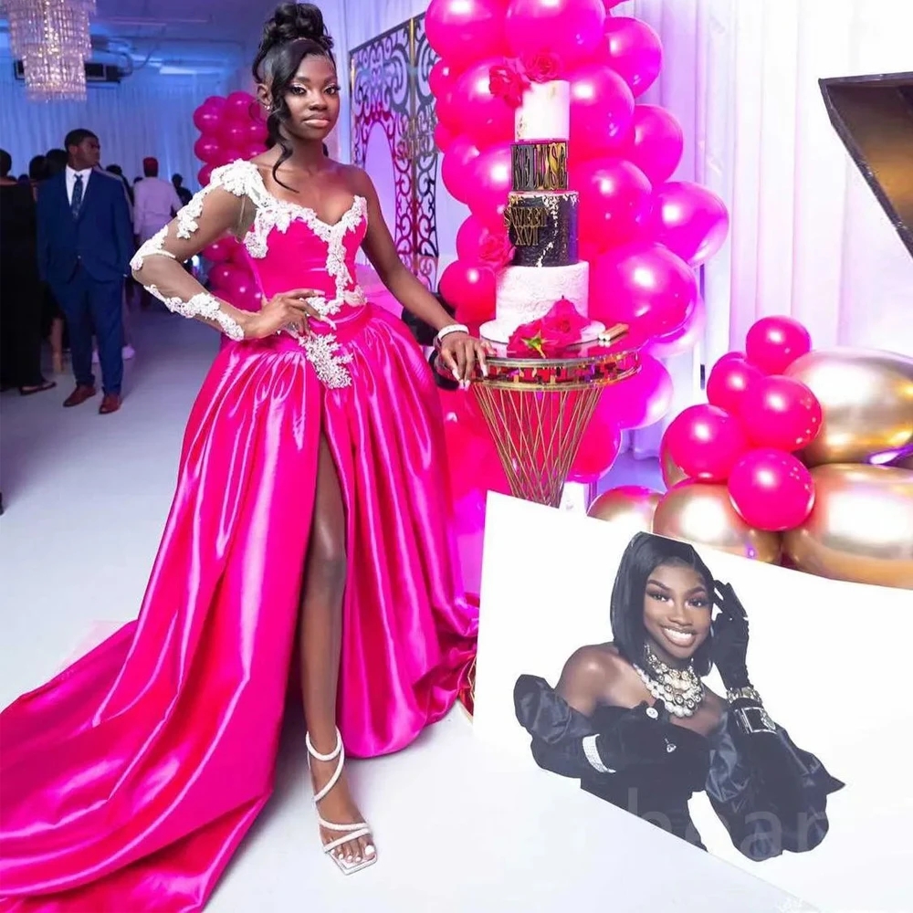 Robes de bal de satin de taille plus 2024: Appliques de dentelle à épaule rose vif
