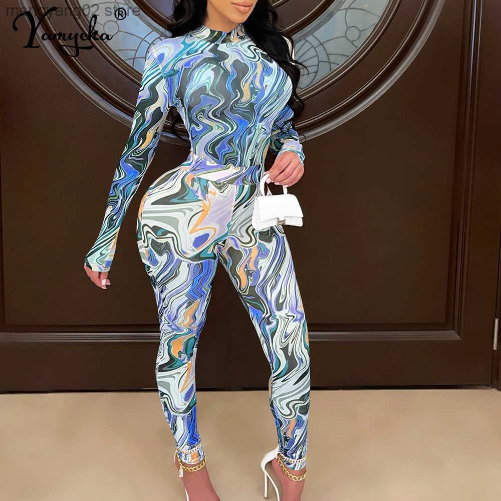 Women's Jumpsuits Rompers Sexy see through print mesh bodycon jumpsuit women fall clothes Long sleeve jumpsuits body birthday party club out-image-863185840