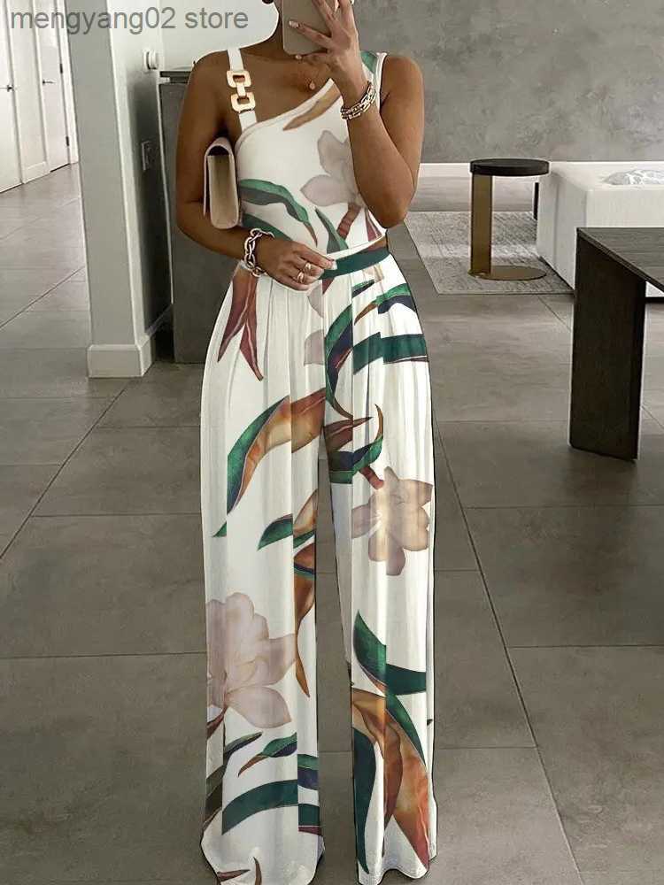 

Women's Jumpsuits Rompers Floral Print Jumpsuit Summer Chic Women Straight Party Overalls Y2k Club Romper Elegant Off Shoulder Sleeveless Party Jumpsuits T230504, 02 leaves
