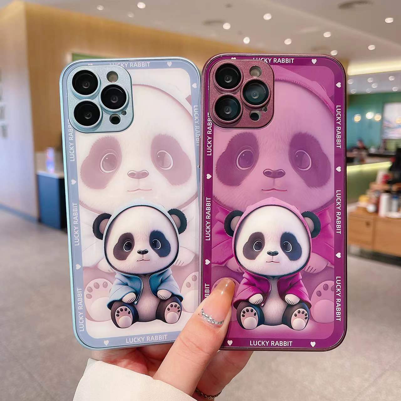 

Cute Panda Glass for iphone 14pro case metallic paint, 13 full package lens film