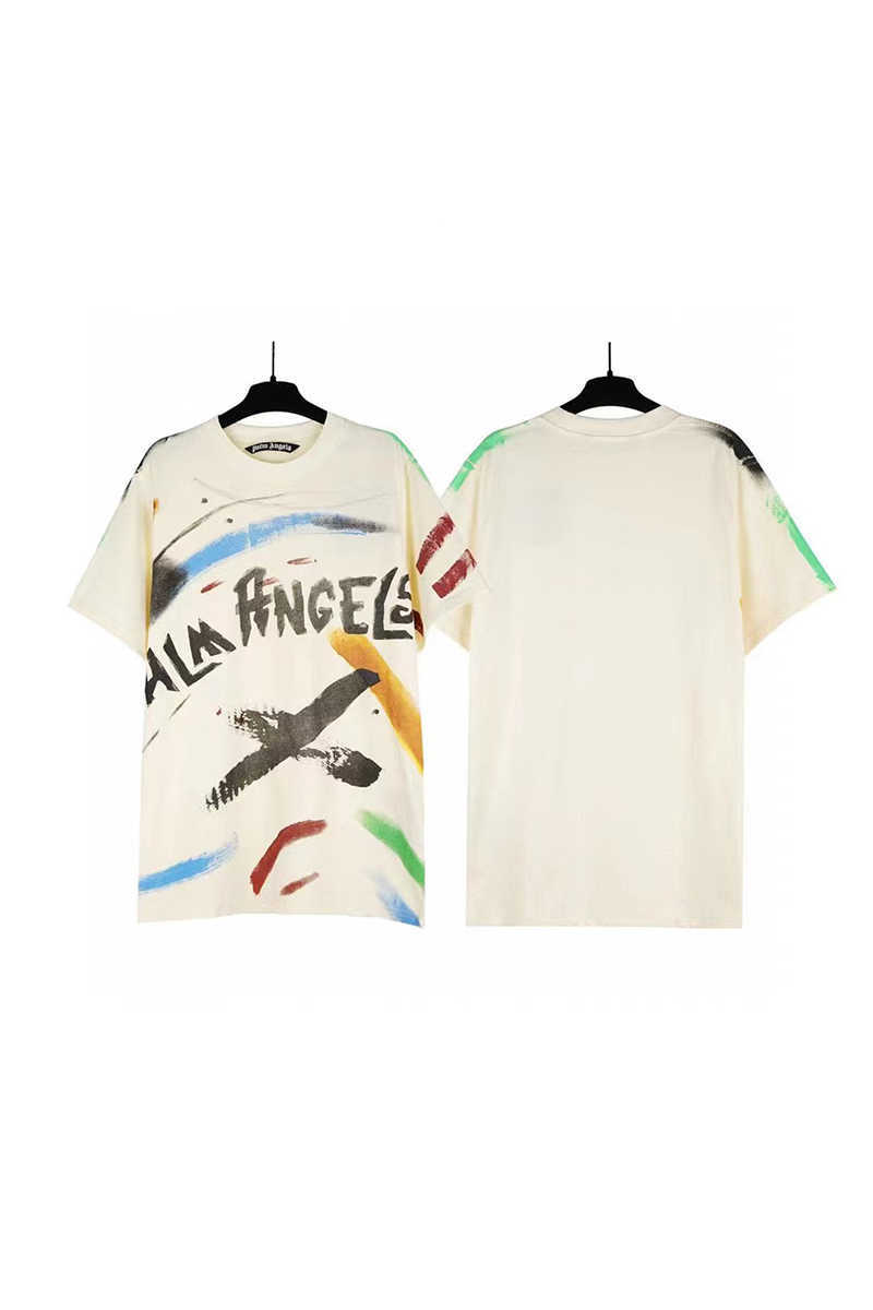 

Designer Fashion Clothing PA Tees TShirts Palmes Angels Summer New Colorful Spray Printing Couple Short Sleeve Large Round Neck T-shirt Luxury Casual Tops, Beige