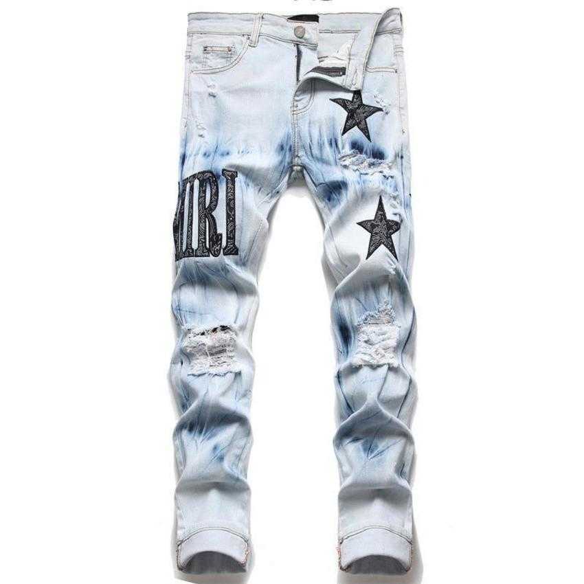 

Jeans European Jean Men's Hombre Letter Star Men Embroidery Patchwork Ripped For Trend Brand Motorcycle Pant Mens Skinny