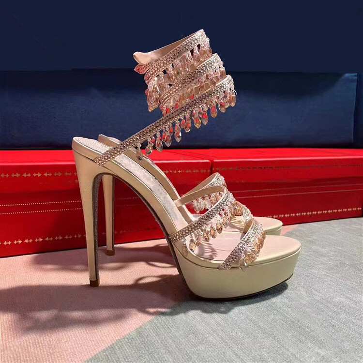 

Europe and The United States New Crystal Pendant Snake Winding Rhinestone Tassel Decoration Foreign Trade Large Size High Heel Round Head Beaded Sandals, Aspic