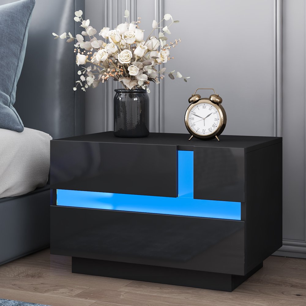 

High Gloss Nightstand Modern LED Bedside Table 2 Drawers Night Stand Table for Bedroom Black