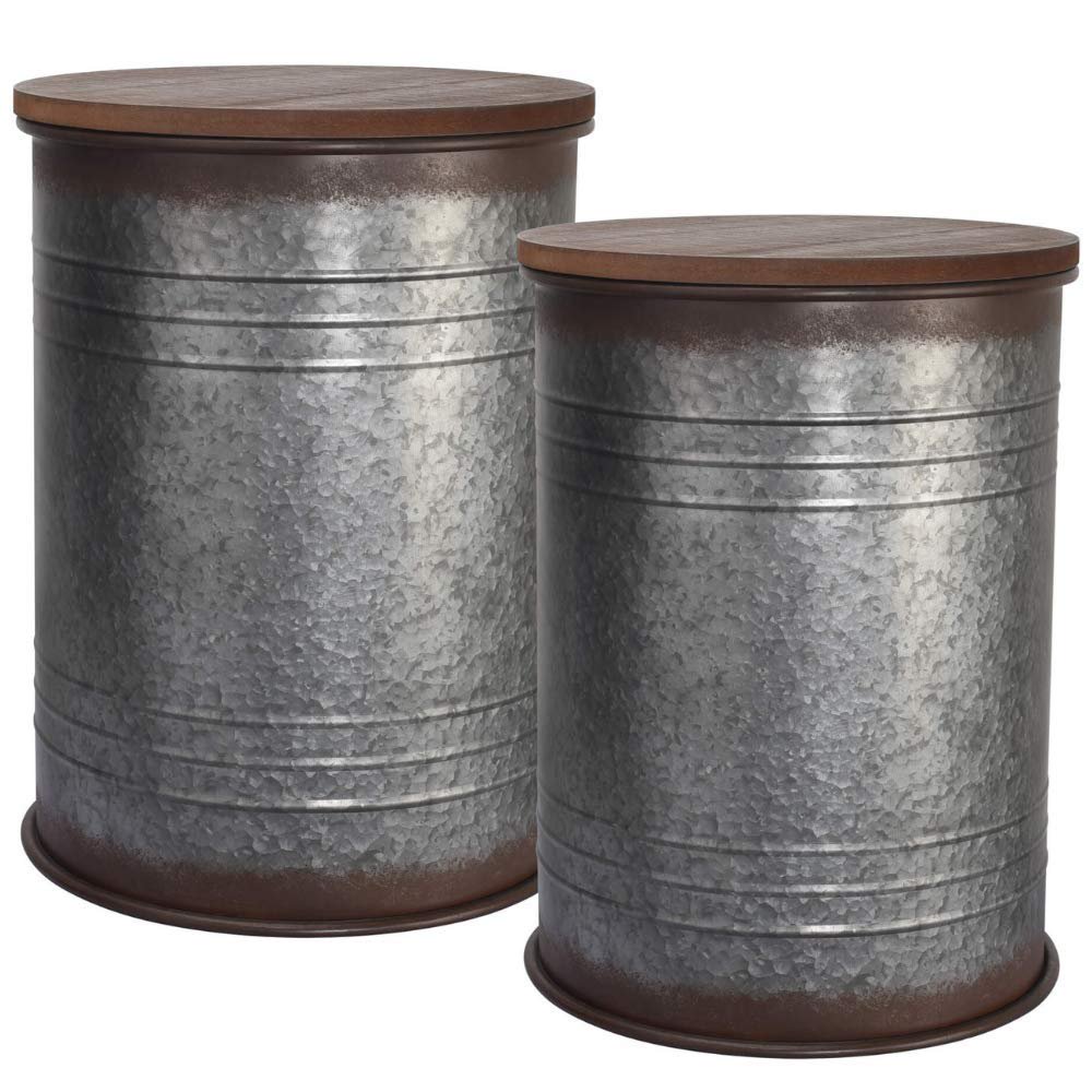

Accent Side Table - Galvanized Rustic End Table Metal Storage Bin Wood Cover Coffee or Cocktail Table Nesting Pieces Two - Rustic