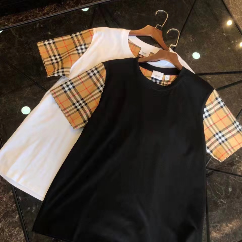 

Men' Tees Polos T-Shirt Designer Luxury plaid patchwork round neck loose top for women' solid cotton casual wear Clothing Apparel, Black