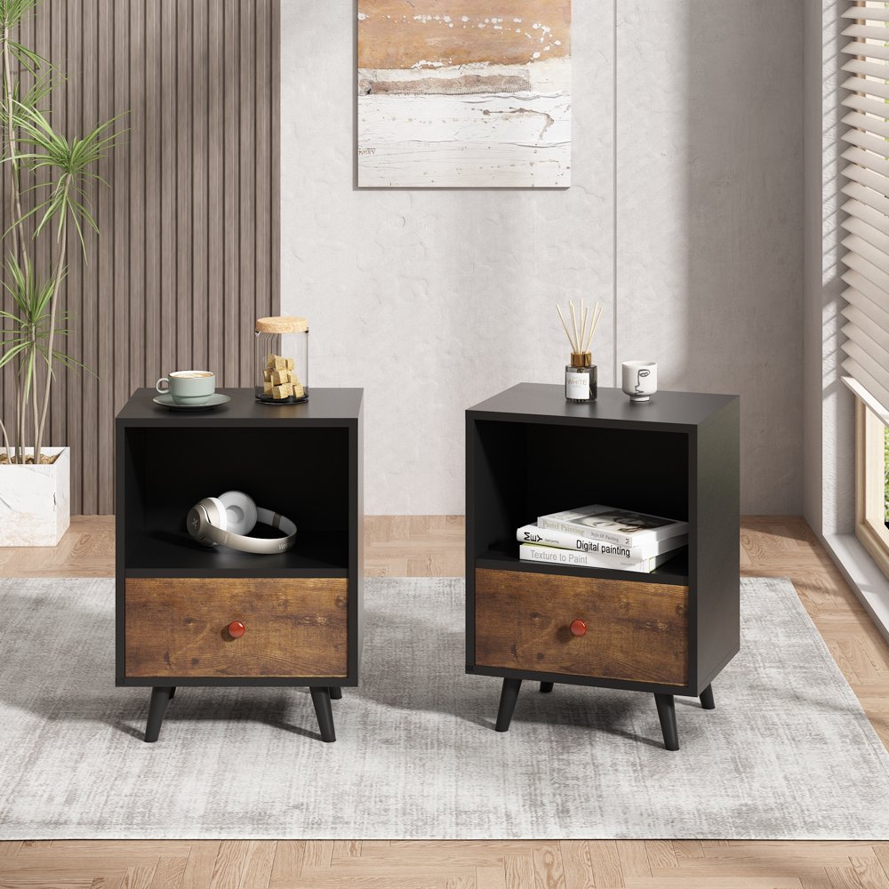 

Set of 2 Mid-Century Modern Nightstand, Bedside Table W Drawer Open Shelf for Home Office, Black Brown